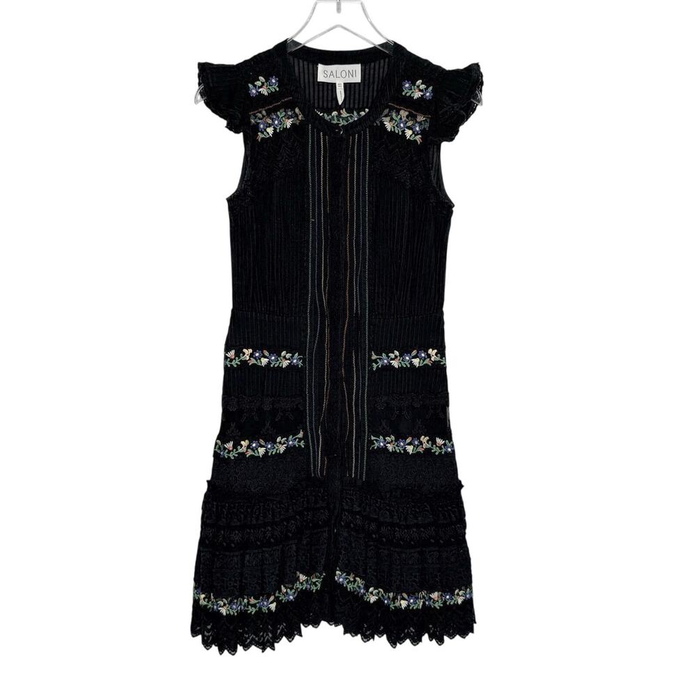Saloni Bea Pintuck Embroidered Dress 2 Black Delicate Lace Floral Tiered *flaw
